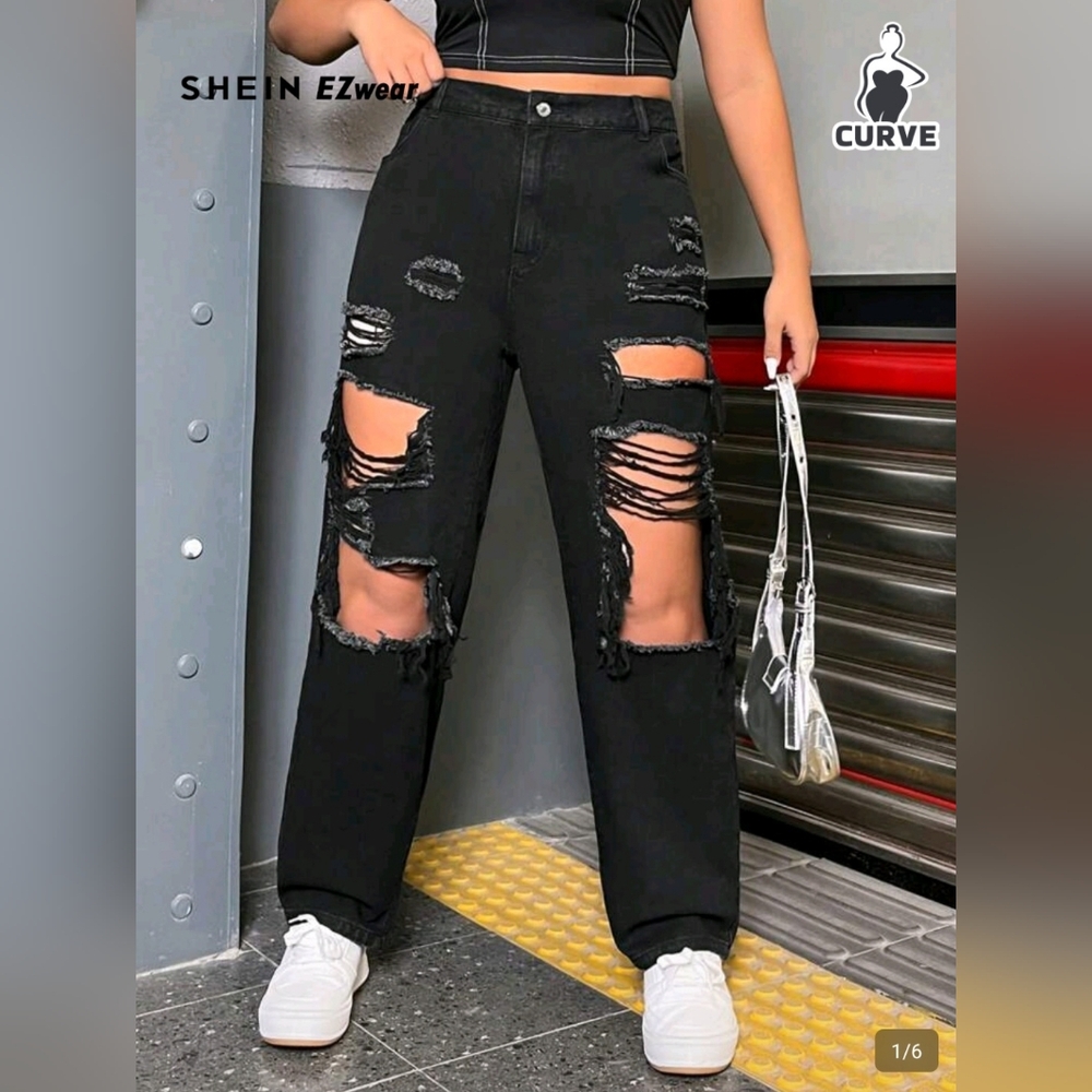 Black Ripped Straight Leg Jeans